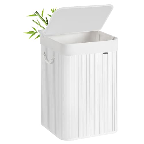 SONGMICS Panier à Linge 95 L, Corbeille Linge Sale, Couvercle, en Bambou, Poignées, Pliable, Sac Amovible Lavable en Machine, pour Buanderie, Chambre, Blanc LCB060W01