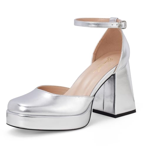 GENSHUO Zapatos de Tacón de Plataforma Gruesos para Mujer Tacones de Punta Cuadrada Cerrados de 10 CM con Correa en el Tobillo Zapatos de Fiesta de Boda, Plata, 38.5 EU