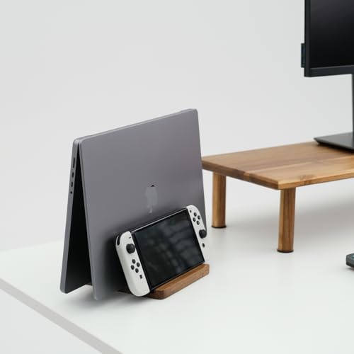 ROCDEER Acacia Wood Vertical Laptop Stand - Adjustable Dual Slots (0.76\" to 1.6\") - Heavy Duty Desk Organizer for Laptops, Tablets, and Phones - Quick Assembly with Non-Slip Silicone Mats
