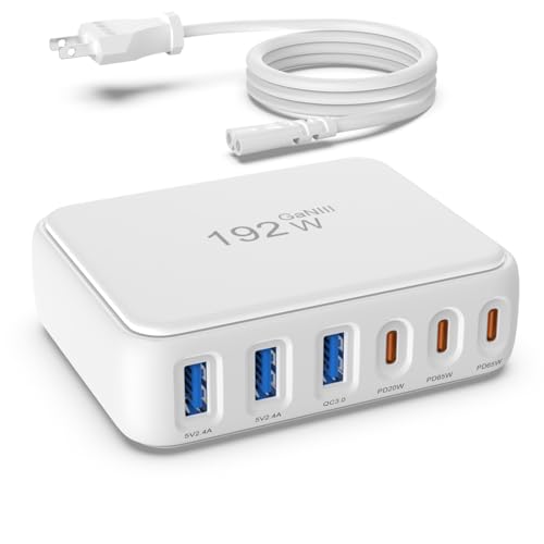 USB C Charger Block, 192W 6-Port Fast Charging Station, 65W GaN Power Adapter for Laptops, Standard Charge for Phones/Tablets, Compatible with MacBook/iPhone 16/iPad/Samsung