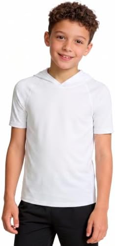 DRONIRING Boys Short Sleeve Hoodie, Youth Athletic Workout Quick Dry Pullover, Kids Outdoor Baseball Sports Cool Hooded T-shirt White - 1