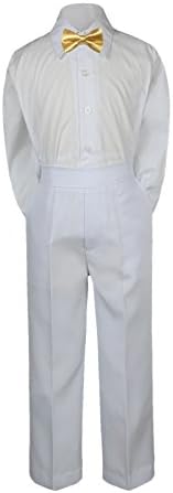 Leadertux 3pc Formal Baby Toddler Boys Satin Mustard Bow Tie White Pants Set S-7 image 4