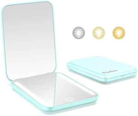 Kintion Rechargeable Pocket Mirror, 1X/3X Magnification LED Compact Travel Makeup Mirror, 3 Color Temperature, Dimmable, 400mAh, Portable Compact Mirror, Small Purse Mirrors for Women Gift, Cyan