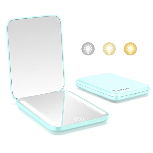Kintion Rechargeable Pocket Mirror, 1X/3X Magnification Led Compact Travel Makeup Mirror, 3 Color Temperature, Dimmable, 250Mah, Portable Compact Mirror, Small Purse Mirrors For Women Gift, Cyan #TOP6