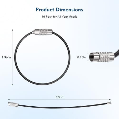 Wire Keychain Cable, 16-Pack Black Stainless Steel Key Rings with Secure Screw Lock, Durable Cable Key Ring for Organization, Large Key Ring for Luggage Tag Loops, Keys & Tools, 5.9 Inch 2mm Diameter - Thumbnail 2