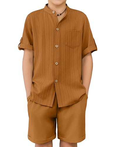 Image of Arshiner Boy's 2 Piece Beach Outfit Short Sleeve Textured Button Down Shirt and Short Sets Summer Vacation Wear 4-12 Years