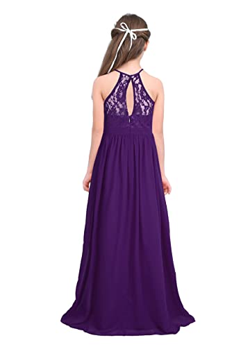 Sholeno Kids Princess Long Flower Girls Lace Dress Halter Neck Chiffon Formal Wedding Bridesmaid Party Gown Deep Purple 8 Years2