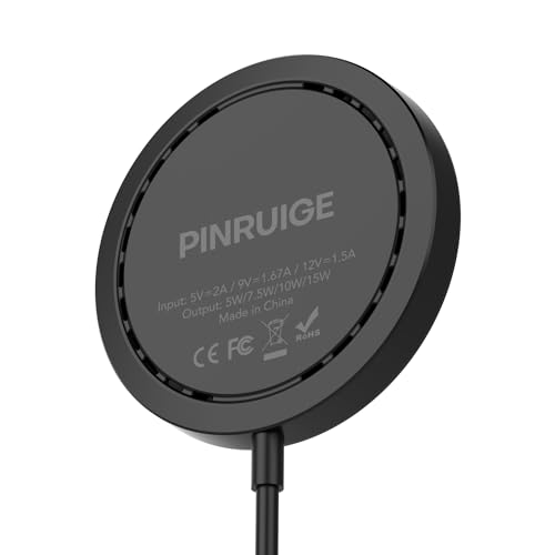 PINRUIGE Wireless Charger, 15W Max Fast Magnetic Wireless Charging Pad Compatible with iPhone 15/14/13/12 Series, AirPods Pro 2 with AC Adapter Black