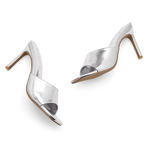 Image of Shoe Land Melrose Women's High Heels Stiletto Heeled Slides, Square Open Toe One Band Slip-On Heeled Mules - Dressy Clear Heeled Sandals for Prom Party Wedding and Vacation