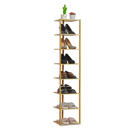 MoNiBloom 8 Tier Shoe Rack, Bamboo Narrow Vertical Single Pairs Shoe Storage Space Saving Tall Shoe Organizer for Small Spaces Corner Bedroom Entryway Balcony, Natural