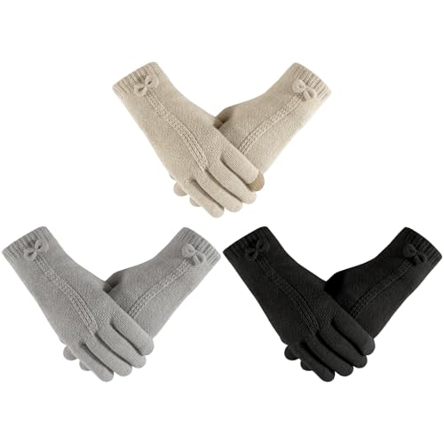 OZRTV 3 Pairs Women's Winter Knit Gloves Touchscreen Cold Weather Gloves Fleece Lined Gloves for Women