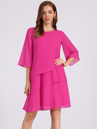 Image of Seta T Women's Chiffon Dresses 3 /4 Bell Sleeve Crewneck Tiered Layered Flowy Dress Party Wedding Outfits