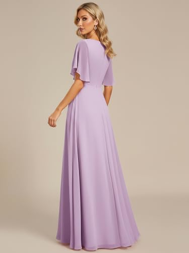 Image of Ever-Pretty Women's Spring Short Sleeve Bridesmaid Dresses V-Neck Chiffon Ruched Empire Waist Appliques Long Formal Dress
