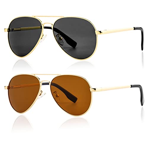 Kids Small Polarized Aviator Sunglasses for Girls and Boys Age 4-16, Two Pack (Gold/Grey + Gold/Brown), lenswidth