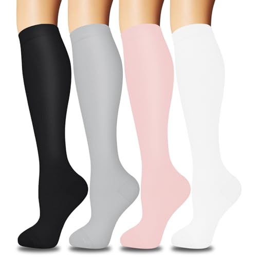 ACTINPUT 4 pares de calcetines de compresión para mujer y hombre, calcetines de compresión coloridos para deportes, vuelo, correr, viajes, ciclismo, enfermera (4103 - blanco, S-M)