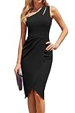 Cnlinkco Ruched Dresses for Women One Shoulder Dress Midi Cocktail Dress Sexy Cut Out Dress Black M