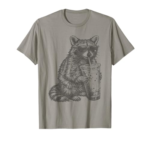 Raccoon Drinking Iced Coffee Funny for Men, Women, and Kids T-Shirt