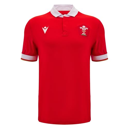 Macron Wales WRU 2024/25 Adults Six Nations Home Cotton Rugby Shirt (UK, Alpha, M, Regular, Regular, Red)