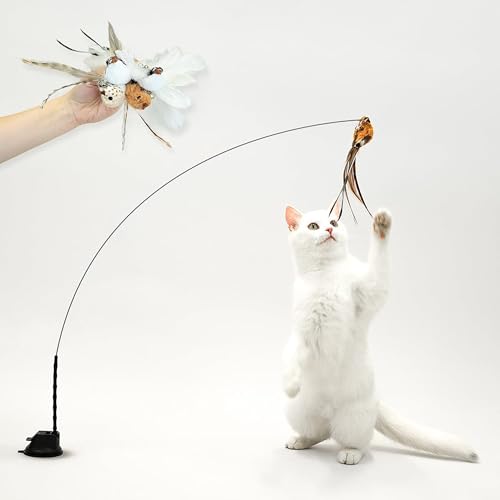 Leo's Paw The Original Interactive Bird Simulation Cat Toy Set Realistic Colorful Feathers Bells Wand Self-Holding Suction Base Stimulating Real-Life Flying Bird Impression Hunting Play (w. 5 Birds)