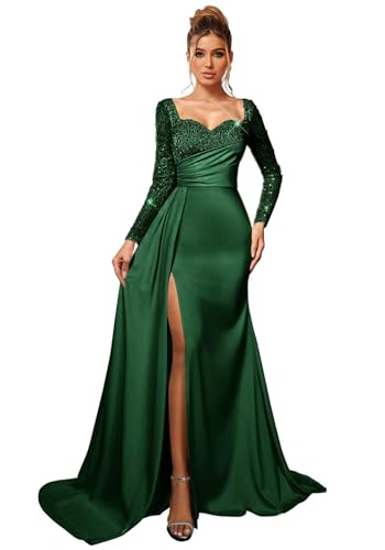 Dark Green Satin Prom Dresses 2026 Mermaid Sequin Formal Dress with Slit Long Sleeve Tight Evening...
