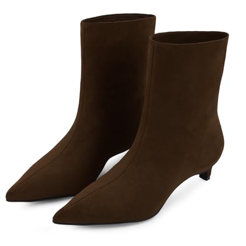 FancyQueen Ankle Boots for Women Low Heel Pull on Kitten Heel Boots Suede Pointed Toe Wide Calf Short Boots Ankle Booties Comfort3