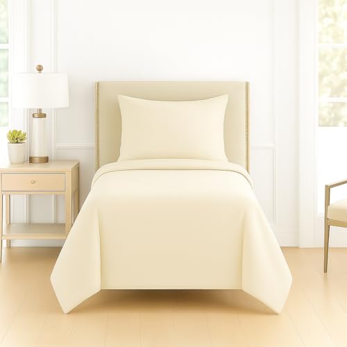 Image of DECOR2ADMIRE 300 TC Premium Glace Cotton Solid Lines Pastel Shades Bedsheet for Single Bed with 1 Pillow Cover for Home (Solid-Plain Cream, Single 60 inch x 90 inch)