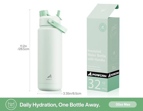 Image of POWCAN 32 oz Insulated Water Bottle with 2-in-1 Straw and Spout Lid, Keep Cold 24H, Leak-Proof, BPA-Free, Double Wall Stainless Steel Water Bottle for Sports, Gym, Travel, and School (Mint)