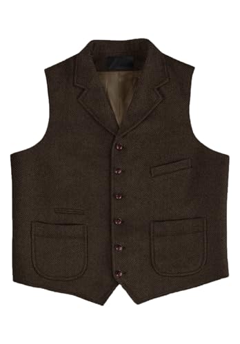 Men's Wool Blend Suit Vest Casual Herringbone Tweed Waistcoat for Wedding Groomsmen