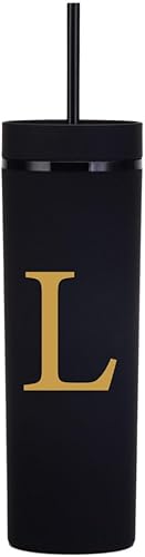 Vaso delgado personalizado de la letra L, vasos delgados de 16 onzas con inicial mate con tapas y popotes. Vasos delgados personalizados, regalos de