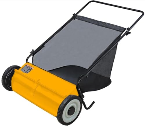 Spazzatrice per prato da 66 cm, resistente, 4 spazzole rotanti, telaio in acciaio, grande spintore da 2,8 m, altezza regolabile, ruote in gomma, efficiente raccoglitore di detriti da giardino e