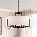 Bosomfr 20" Black Drum Chandelier 8-Light Modern White Fabric Adjustable Large Farmhouse Pendant Light Fixtures for Dining Room Living Room Foyer Kitchen Bedroom Entryway