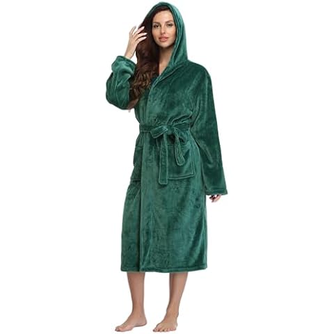 RONGTAI Womens Robes Plush Fleece Emerald Green Hooded Bathrobe Thick Nightgown with Pockets Fluffy Sleepwear Medium Cover