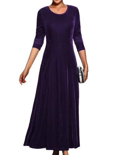 ORANDESIGNE Samtkleid Damen Lang Langarm Cocktailkleid Samt Maxikleider Herbst Winter Abendkleider Elegant für Hochzeit A Lila XL