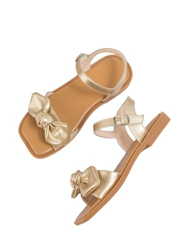 OYOANGLE Girl's Metallic Bow Decor Sqaure Open Toe Sandals Ankle Strap Dress Shoes