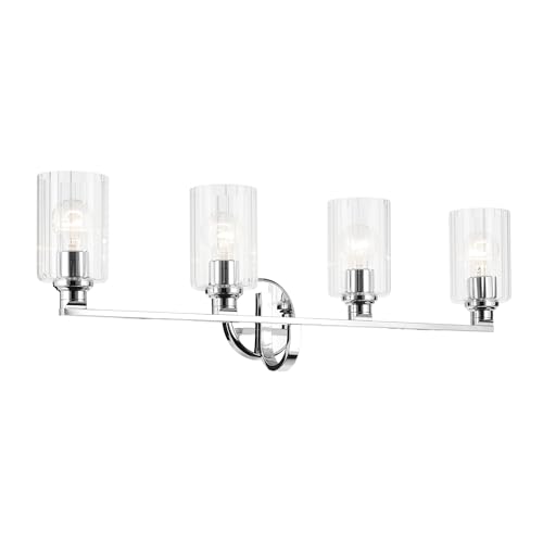 Image of Kichler Gioe 32.25 inch 4-Light Bathroom Vanity Light Fixture with Clear Fluted Glass in Chrome, Damp Rated for Over Mirror, Powder Room (32.25 inch W x 10.5 inch H), 55227CHFLU