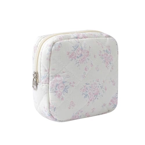 uekeboag Small Quilted Cotton Makeup Bag for Purse, Cosmetic Bag with Compartments, Cotton Aesthetic Makeup Bag, Travel Toiletry Pouch, Key Pocket Lipstick Bag Card Holder Data Cable Organizer（01White Bear） 7ounces