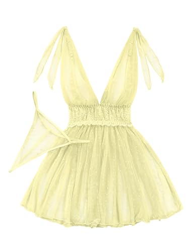 Image of Lilosy Sexy Polka Dots Mesh Sheer Lace Babydoll Chemise Lingerie Set Floral Sleep Wear