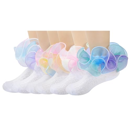 6 Pairs Kid Girls' Eyelet Frilly Princess Socks Cute Double Layer Lace Ruffle Dress Socks Casual Lightweight Crew Ankle Socks