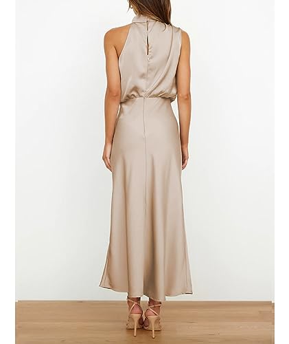 Image of Sexyshine Women's Elegant Halter Tie Neck Sleeveless Satin Long Dress Backless Split Cocktail Party Formal Wedding Maxi Dress