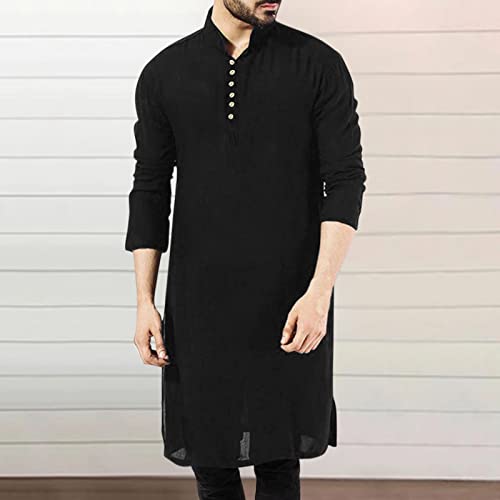 Kurta Men Casual Gown Long Sleeve V Neck Thobe Mens Kaftan Robe2