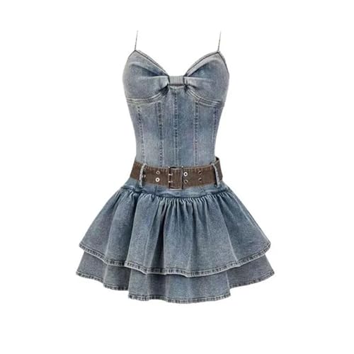 Women Denim Dresses Shoulder Ruffles Solid V-Neck Dress Casual High Fluffy Skirt2