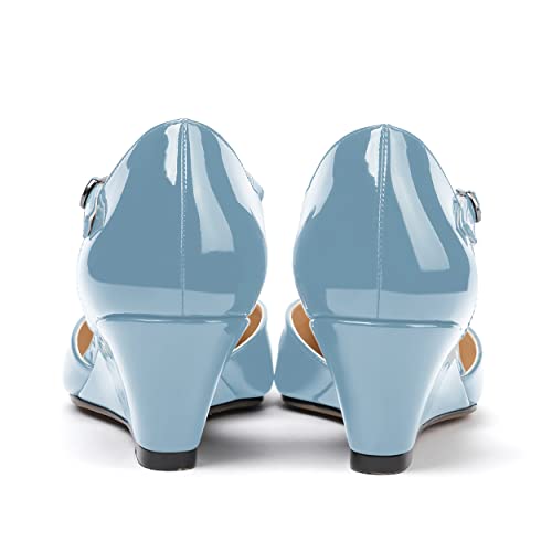 MODENCOCO Women's Dating T Strap Buckle Round Toe Fashion Patent Wedge Low Heel Pumps Shoes 2 Inch4