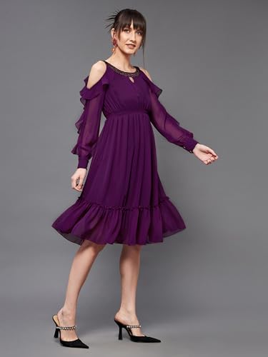Image of Miss Chase Women's Round Neck Sleeveless Polyester Ruffled Knee- Length Dress