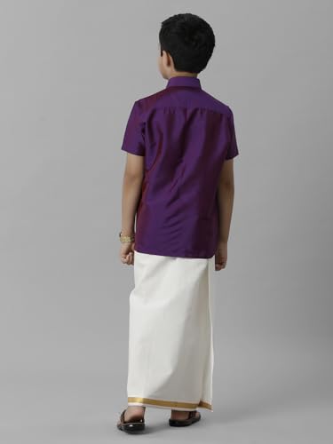 Image of RAMRAJ COTTON Boys Silk Cotton Shirt With Adjustable Cream Dhoti Perfect For Ceremonies| Festivals| And Special Occasions