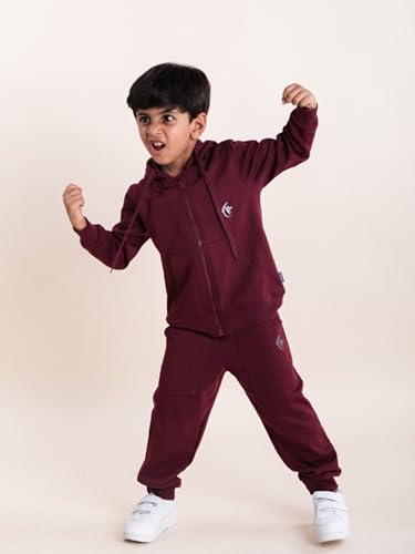 Image of Boys Solid Fleece Full Sleeve Zip Front Open Hooded Sweatshirt With Track Pant Set