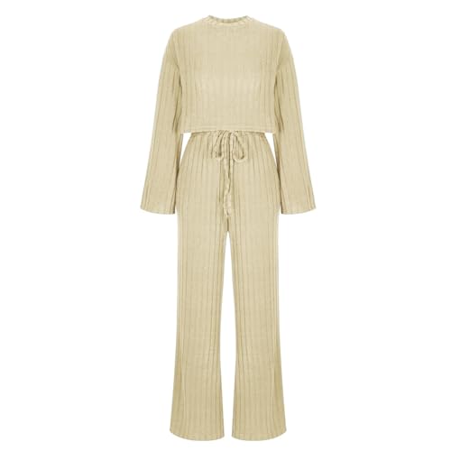 Conjunto feminino com nervuras e calça com cordão de perna larga, conjunto casual solto e confortáve