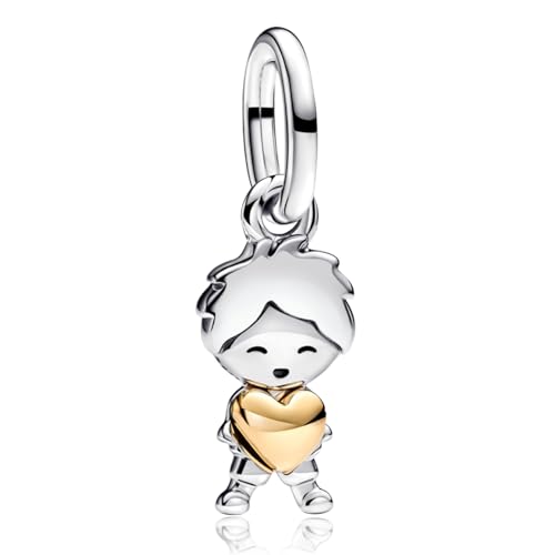 LaMenars Charms Boy Holding Golden Heart para Pulseras 925 Sterling Silver Bead Mujeres Charms Día de la Madre Cumpleaños Aniversario Joyería para Mujer