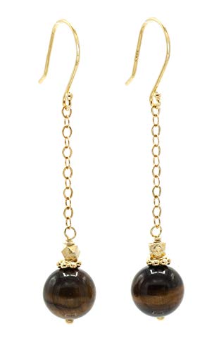14 K Gold Filled Single Tiger's Eye Chain Drop Earring With Gold Crown And Bead Accented Fishhook Earrings #TOP17