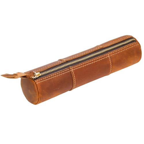 Image of ECHSRT Genuine Leather Pencil Pouch for Adults, Slim Cylinder Case, Brown | Full-Grain Cowhide Leather, Crazy Horse Finish, Slim Cylinder Design, Single Zipper, Vintage Pen Organizer for Adults