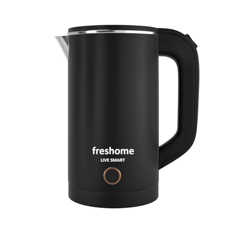 Image of FRESHOME Electric Kettle 1.5 Litre with 7-8 Cups | 1350W Stainless Steel Kettle with Double Wall & Cool Touch Body, 360 Swivel Base, Water Level Indicator, Auto Shut-Off & Overheat Protection (Black)